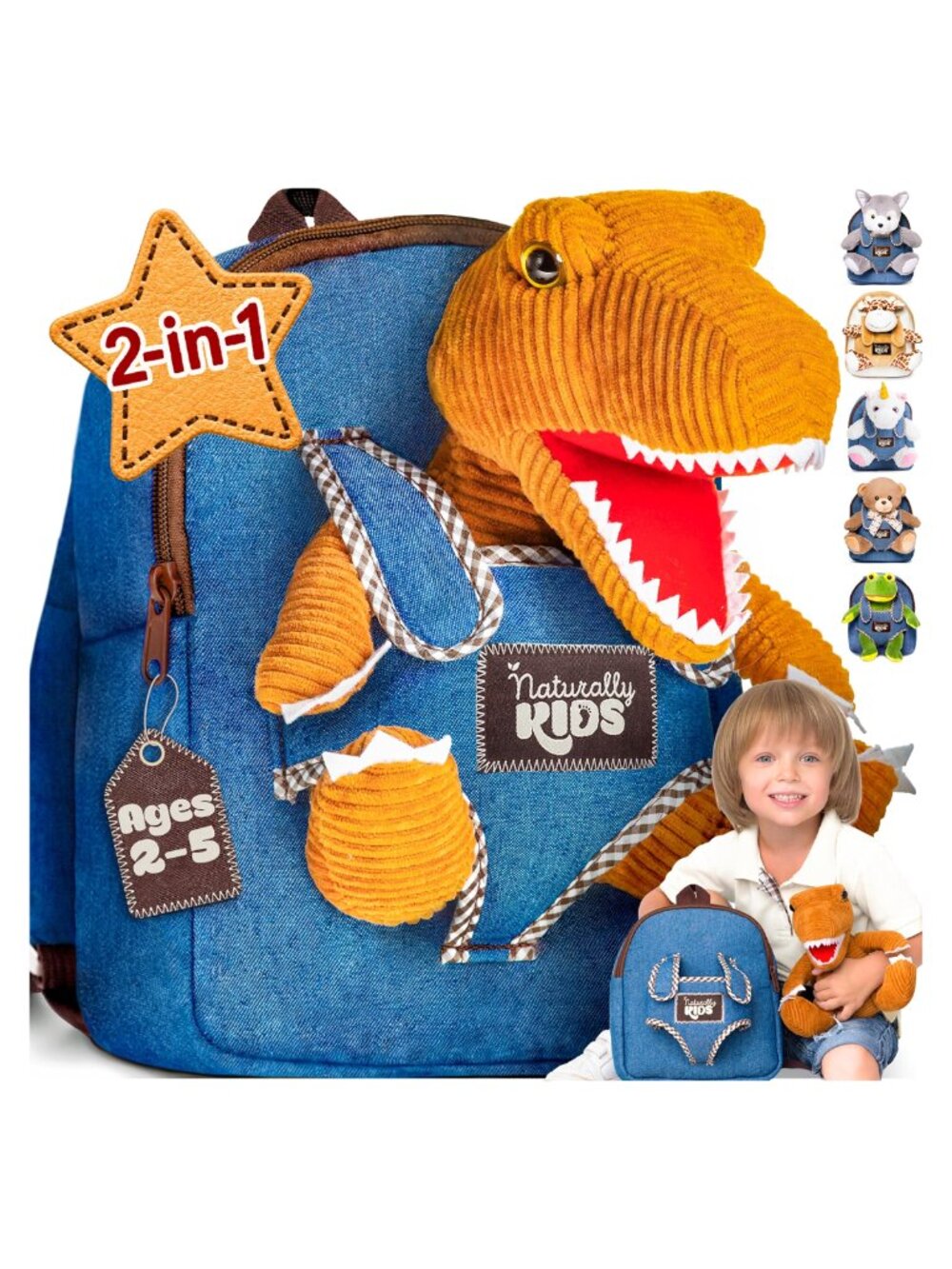 Toddler Dinosaur Backpack with Removable Plush T-Rex Toy Kids Gift